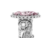 Fancy Pink Marquise Cut Diamond Halo Ring Set in White gold with Milgrain Pavé Band and Prong Setting