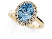 Fancy Blue Oval Cut Halo Round Diamond Solitaire Ring Set in Yellow gold with Pavé Band and Prong Setting