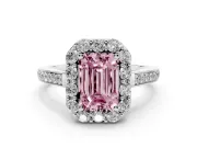 Fancy Pink Emerald Cut Diamond Floral Halo Ring Set in Silver with Pavé Band and Prong Setting
