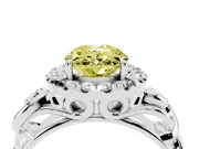 Fancy Yellow Oval Cut Diamond Halo Ring Set in White gold with Scrollwork Band and Prong Setting