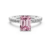 Fancy Pink Emerald Cut Diamond Solitaire Set in White gold with Round Pavé Band and Prong Setting