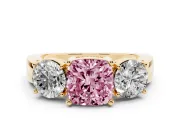 Cushion Cut Three Stone Engagement Ring Setting for a Fancy Pink Lab-Grown Diamond | Wide Plain Band | Yellow Gold