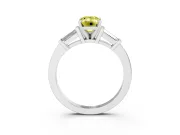 Fancy Yellow Emerald Cut Diamond Solitaire Ring Set in White gold with Tapered Baguette Accents and Prong Setting