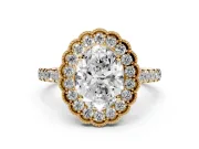 Oval Vintage Milgrain Floral Halo Engagement Ring Setting | Pavé Band | Yellow Gold