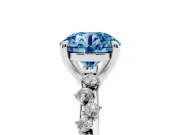 Fancy Blue Round Cut Diamond Solitaire Vine Band Ring Set in White gold with Round Accents and Prong Setting