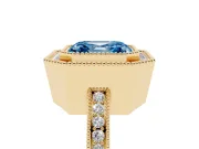 Fancy Blue Asscher Cut Diamond Halo Ring Set in Yellow gold with Pavé Band and Milgrain-Edged Prongs