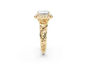 Princess Cut Diamond Halo Ring Set in Yellow gold with Scrollwork Band and Prong Setting