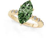 Fancy Green Marquise Cut Diamond Solitaire Engagement Ring Set in Yellow gold with Bezel Accents on Beaded Band