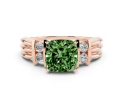 Fancy Green Three-Stone Cushion Cut Diamond Channel Set Ring Set in Rose gold with Bar Prongs