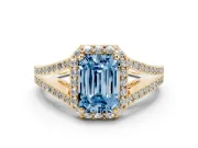 Emerald Cut Halo Engagement Ring Setting for a Fancy Blue Lab-Grown Diamond | V-Split Pavé Band | Yellow Gold