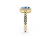 Fancy Blue Emerald Cut Diamond Halo Ring Set in Yellow gold with Delicate Pavé Band and Prong Setting