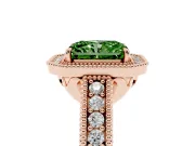 Fancy Green Radiant Cut Diamond Halo Ring Set in Rose gold with Round Accent Halo, Pavé Band and Prong Setting