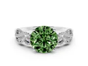 Fancy Green Round Cut Diamond Milgrain Leaf Band Solitaire Ring Set in Silver with Accent Stones and Prong Setting
