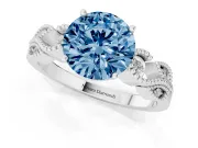 Fancy Blue Round Cut Diamond Milgrain Leaf Band Solitaire Ring Set in White gold with Accent Stones and Prong Setting