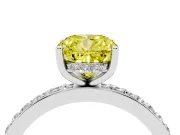 Fancy Yellow Cushion Cut Diamond Pavé Band Ring Set in White gold with Prong-Set Center Stone