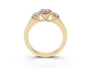 Fancy Pink Three-Stone Oval Cut Diamond Ring Set in Yellow gold with Matching Prong Settings and Plain Band