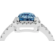 Fancy Blue Emerald Cut Diamond Halo Ring Set in Platinum with Delicate Pavé Band and Prong Setting
