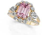 Emerald Cut Scalloped Halo Engagement Ring Setting for a Fancy Pink Lab-Grown Diamond | Pear Side Stones | Yellow Gold