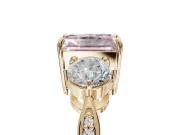 Radiant Cut Three Stone Engagement Ring Setting for a Fancy Pink Lab-Grown Diamond | Tapered Pave Band | Yellow Gold