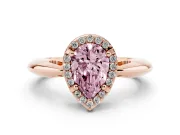 Fancy Pink Pear Cut Diamond Halo Engagement Ring Set in Rose gold with Plain Split Shank and Prong Setting