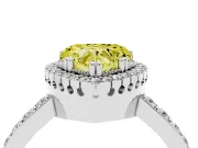 Fancy Yellow Heart Cut Diamond Halo Engagement Ring Set in White gold with Milgrain Detail and Pavé Band