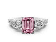 Fancy Pink Emerald Cut Diamond Three-Stone Ring Set in Silver with Round Side Stones and Pavé Band