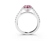Fancy Pink Round Cut Diamond Halo Engagement Ring Set in White gold with Pavé Band and Prong Setting