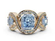 Radiant Cut Three Stone Halo Engagement Ring Setting for a Fancy Blue Lab-Grown Diamond | Pavé Wave Band | Yellow Gold