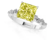Fancy Yellow Princess Cut Diamond Cluster Solitaire Ring Set in White gold with Prong Setting