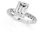 Emerald Cut Diamond Pavé Solitaire Ring Set in White gold with Round Band and Prong Setting