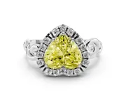 Fancy Yellow Heart Cut Diamond Halo Ring Set in Platinum with Scrollwork Band and Prong Setting