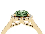 Fancy Green Oval Cut Halo Round Diamond Solitaire Ring Set in Yellow gold with Pavé Band and Prong Setting