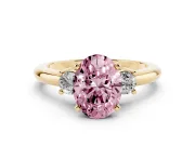 Oval Three Stone Engagement Ring Setting for a Fancy Pink Lab-Grown Diamond | Round Side Stones | Yellow Gold