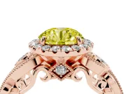 Fancy Yellow Round Cut Diamond Halo Ring Set in Rose gold with Milgrain Pavé Band and Prong Setting