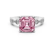Fancy Pink Asscher Cut Diamond Solitaire Engagement Ring Set in Platinum with Milgrain Bezel Accent Band