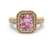 Fancy Pink Radiant Cut Diamond Halo Ring Set in Yellow gold with Round Accent Halo, Pavé Band and Prong Setting