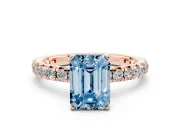 Fancy Blue Emerald Cut Diamond Pavé Solitaire Ring Set in Rose gold with Round Band and Prong Setting