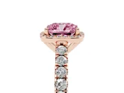 Fancy Pink Cushion Cut Diamond Halo Engagement Ring Set in Rose gold with Pavé Band and Prong Setting