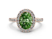 Fancy Green Oval Cut Diamond Pavé Band Halo Engagement Ring Set in Rose gold with Prong Setting