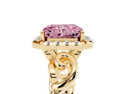 Fancy Pink Radiant Cut Diamond Halo Ring Set in Yellow gold with Scrollwork Band and Prong Setting