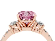 Cushion Cut Three Stone Pavé Engagement Ring Setting for a Fancy Pink Lab-Grown Diamond | Round Side Stones | Rose Gold