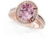 Fancy Pink Oval Cut Diamond Halo Pavé Split Shank Ring Set in Rose gold with Prong Setting
