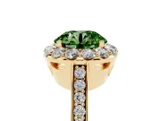 Fancy Green Round Cut Diamond Floral Halo Ring Set in Yellow gold with Pavé Band and Prong Setting