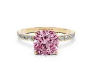 Cushion Cut Pave Solitaire Engagement Ring Setting for a Fancy Pink Lab-Grown Diamond | Slim Band | Yellow Gold