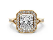 Radiant Cut Diamond Halo Engagement Ring Set in Yellow gold with Milgrain Pavé Band