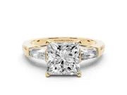 Princess Cut Three Stone Engagement Ring Setting | Tapered Baguettes | Yellow Gold
