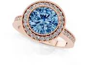 Round Milgrain Halo Engagement Ring Setting for a Fancy Blue Lab-Grown Diamond | Pave Band | Rose Gold