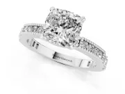 Cushion Cut Diamond Solitaire Ring Set in Silver with Slim Pavé Band and Prong Setting