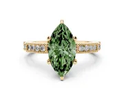 Fancy Green Marquise Cut Diamond Solitaire Ring Set in Yellow gold with Slim Pavé Band and Prong Setting