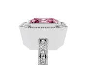 Fancy Pink Asscher Cut Diamond Halo Ring Set in White gold with Pavé Band and Milgrain-Edged Prongs